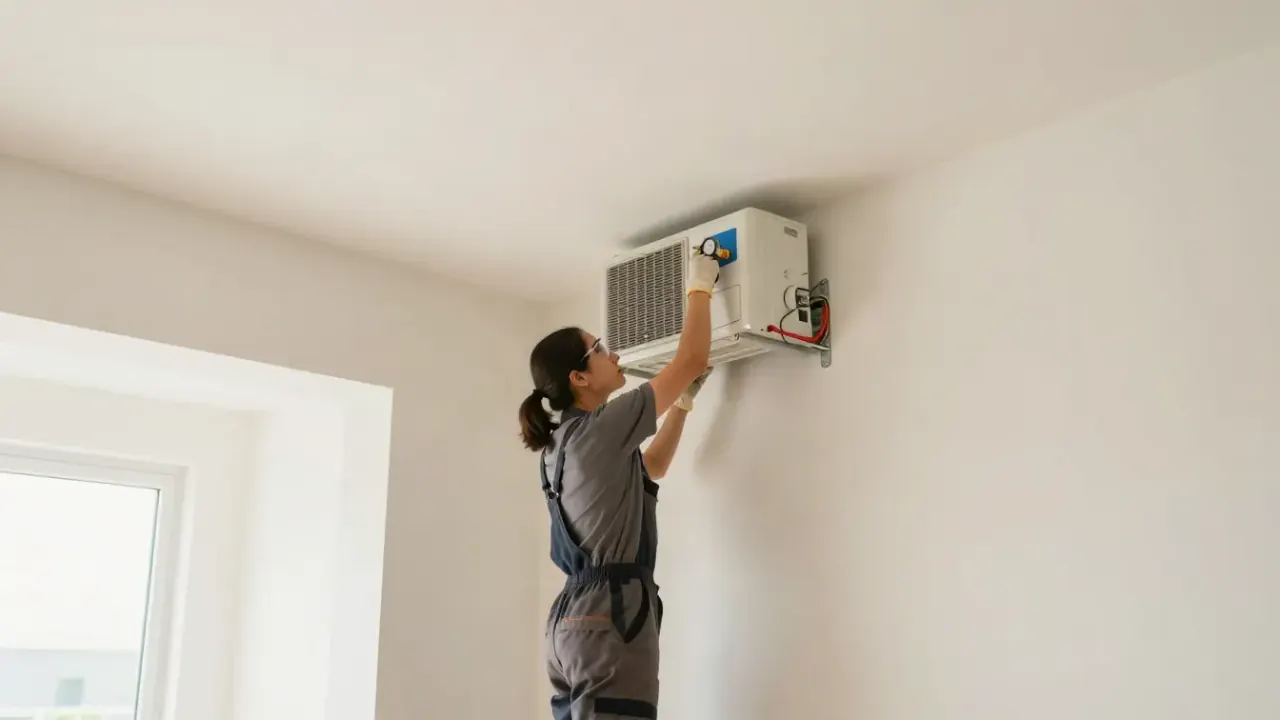 Mini Split Installation in Rosenberg, Texas: HVAC technician carefully mounts the indoor wall unit of a mini-split system to