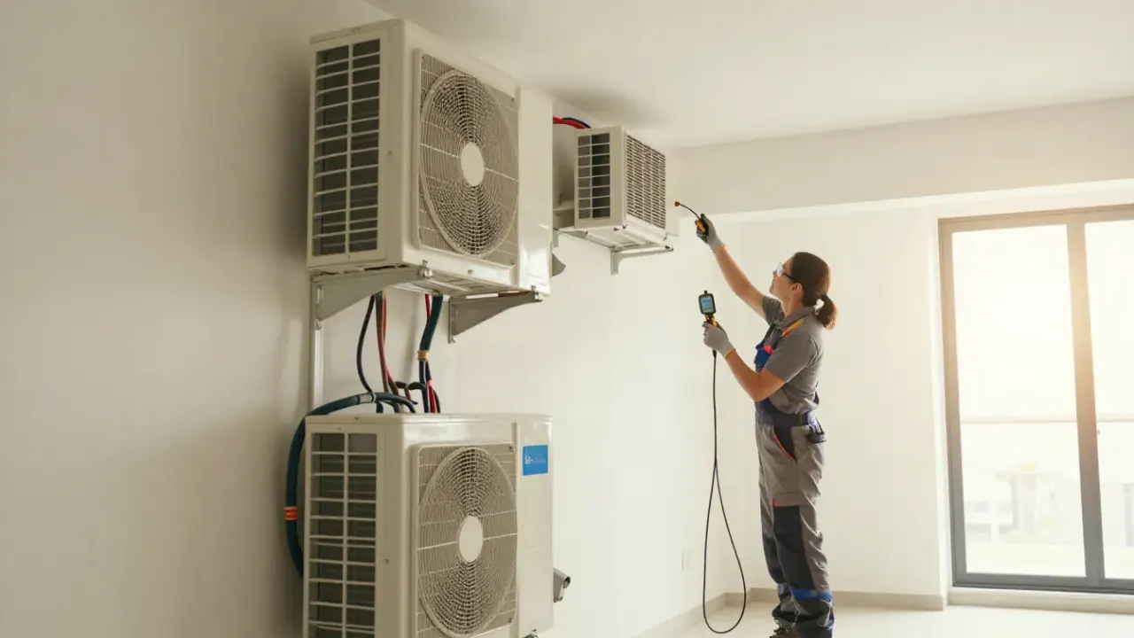 Refrigerant Leak Repair and Recharge in Rosenberg, Texas: HVAC technician uses an electronic refrigerant leak detector to