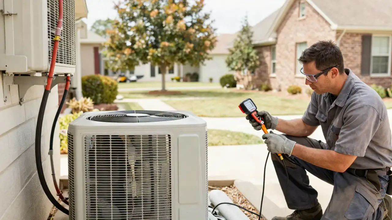 Mini Split Not Heating in Rosenberg, Texas: HVAC technician uses a clamp meter to measure the amperage draw of the
