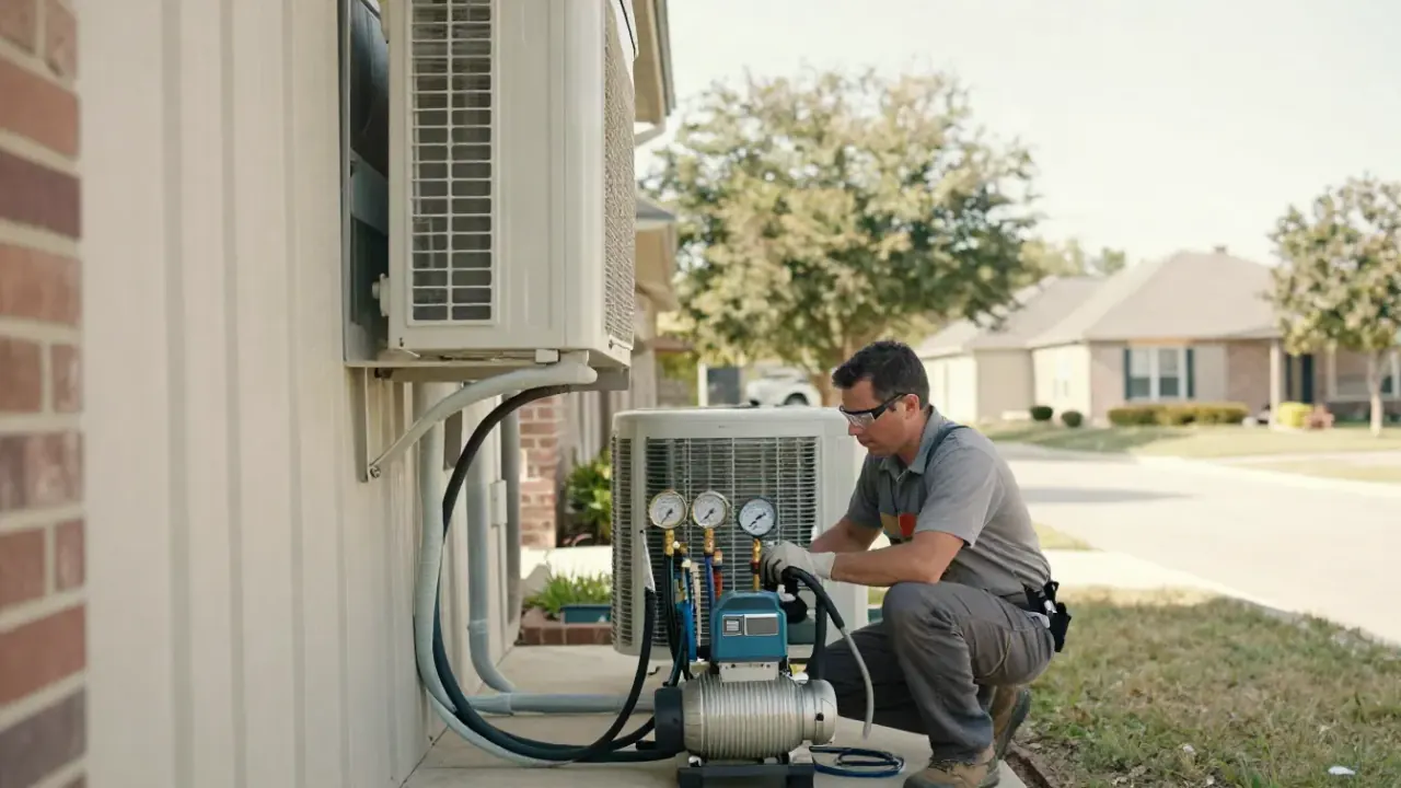 Mini Split Repair in Rosenberg, Texas: close-up of a vacuum pump connected to the service port of an outdoor mini-split