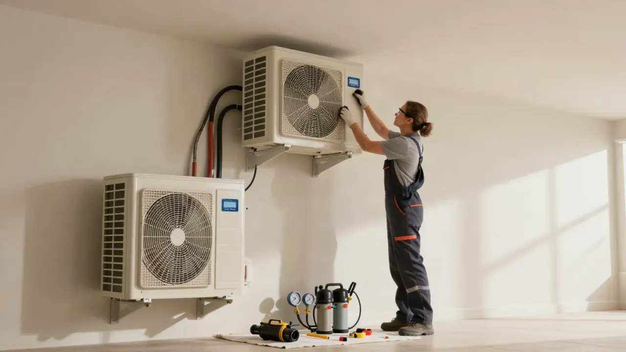 Mini Split Repair in Rosenberg, Texas: HVAC technician carefully removing the front panel of a wall-mounted indoor